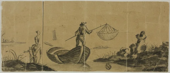 Chinoiserie mit Mann, der vom Boot aus fischt, Frau und Kind stehen am Ufer