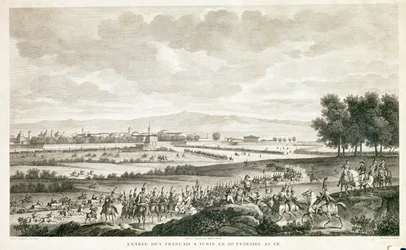 Einzug französischer Soldaten in Turin, ca. 1796 (Radierung)