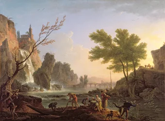 Fischer in einer Landschaft mit Wasserfall und Brücke