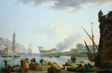 Der Stapellauf des Kriegsschiffs am Hafenmund, 1781