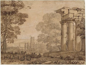 Landschaft mit Ruinen, pastoralen Figuren und Bäumen