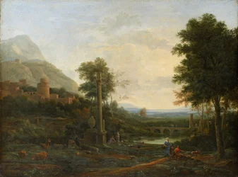 Landschaft mit Säule und Figuren