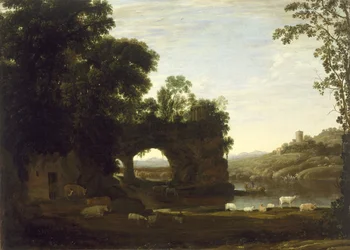Landschaft mit Felsbogen und Fluss, ca. 1628-30