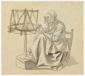 Eine alte Frau beim Spinnen