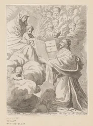 Armand-Jean du Plessis Herzog von Richelieu präsentiert ein Buch an Maria mit Kind (Titelblatt für: Armand-Jean du Plessis Herzog von Richelieu, Traité de la perfection du chrétien)