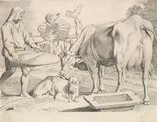 Landschaftsszene mit Bauer, Kuh und Kalb