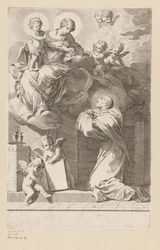 Hl. Bernhard kniend vor einer Erscheinung von Maria mit Kind Titelblatt für: Saint Bernardus, Divi Bernardi Abbatis (...), 1640