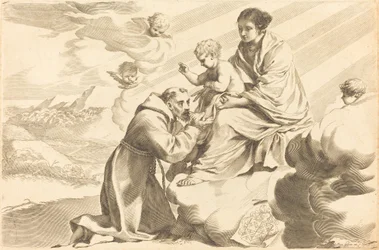 Der heilige Franziskus betet das Christkind an
