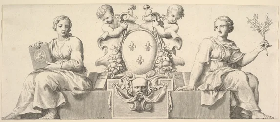 Die Waffen Frankreichs begleitet von Personifikationen von Gesetz und Treu, 1664