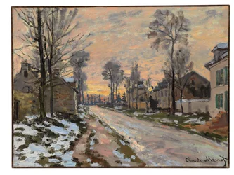 Straße in Louveciennes, schmelzender Schnee, Sonnenuntergang, ca. 1869-70