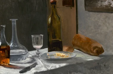 Stillleben mit Flasche, Karaffe, Brot und Wein