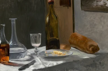Stillleben mit Flasche, Karaffe, Brot und Wein