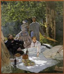 Das Frühstück im Grünen (Porträt von Frederic Bazille in der Mitte, Camille Doncieux und Gustave Courbet links)