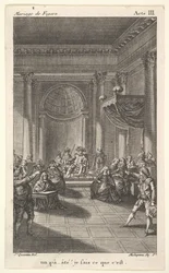 Ein Mann sitzt auf einem Stuhl auf einer Stufenplattform und hält eine Ansprache, zwei Männer zeigen auf ihn, ca. 1784