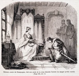 Thibaut, Graf von Champagne, kam zu den Füßen von Königin Blanche von Kastilien, um sie vor der Gefahr zu warnen, in der sie sich befand - in „Paris durch die Jahrhunderte“ von de Genouillac