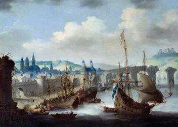 Ansicht der Stadt Rouen. Die Schiffe sind am Ufer der Seine vertäut. (Detail)