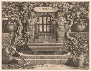Titelblatt mit rustikalen Brunnen und Widmung, aus Pastorales