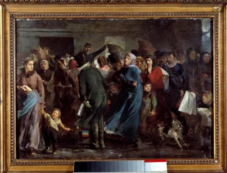 Die Schlange vor der Metzgerei. Die hungrigen Einwohner von Paris warten während des Krieges von 1870 - 1871 gegen Preußen vor der Metzgerei, bis sie an der Reihe sind.
