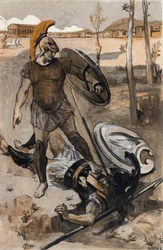 Hektors Tod: Hektor wird von Achilles getötet. Illustration von Clement Gontier (1876-1918) zu Homers „Ilias“ (Omero). Paris, Henri Laurens