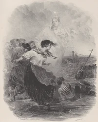 Frau am Meer mit der Madonna, die auf ein Schiff zeigt