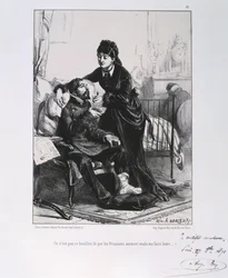 Deutsch-Französischer Krieg 1870-1871: Ein verwundeter Soldat wird gepflegt und versorgt. Aus einer Lithografienserie von Clément-Auguste Andrieux über die Nationalgarden.