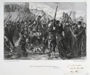 Deutsch-Französischer Krieg 1870-1871: Schlacht von Buzenval (Mont Valérien) bei Versailles am 19. Januar 1871. Nationalgarde marschiert zur Schlacht und Niederlage. Aus einer Serie von Lithografien von Clément Auguste Andrieux über die Nationalgarden.