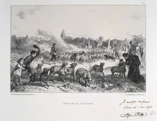 Deutsch-Französischer Krieg 1870-1871: Eine Schafherde wird fortgetrieben, damit sie nicht in die Hände der Preußen fällt. Aus einer Lithografieserie von Clément-Auguste Andrieux über die Nationalgarden.