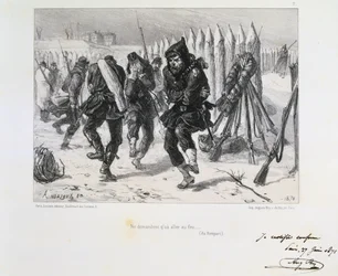 Deutsch-Französischer Krieg 1870-1871. Belagerung von Paris 19. Sept. 1870-28. Jan. 1871. Soldaten springen auf den Wällen umher, um sich warm zu halten. Aus einer Lithografienserie von Clément-Auguste Andrieux über die Nationalgarden.