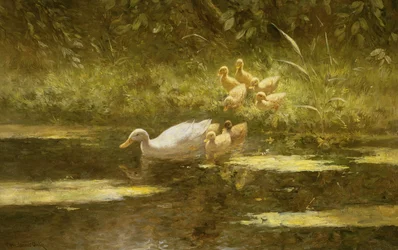 Ente mit Entenküken am Flussufer