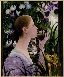 Das Nest. Junge Frau im Profil, in einem blühenden Garten, hält ein Nest in der Hand und küsst die Babyvögel. Gemälde von Constant Montaid (1862-1944), Öl auf Leinwand