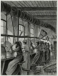 Eine Frauenwerkstatt in der Glasfabrik von Val Saint Lambert. Gravur von C. Meunier zur Illustration der Geschichte „Belgien“ von Camille Lemonnier (1844-1913)