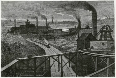 Kohlebergbau und Terrils (Aspekte der Contree Boraine). Gravur von Constant Meunier, zur Illustration der Geschichte „Belgien“, von Camille Lemonnier (1844-1913), belgischer Schriftsteller. Veröffentlicht in Le Tour du monde, 2. Semester 1884.