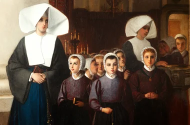 Die Waisen. Signiert und datiert: Constant Meunier 1864. Detail.