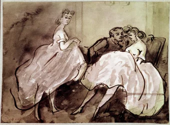 Zwei Prostituierte und eine Verführungsszene im Bordell (Zeichnung von Constantin Guys, 19. Jahrhundert)