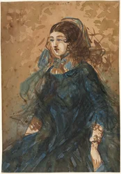 Frau in einem blauen Kleid recto, Kriegslager-Szene verso, 1855-1860