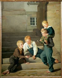 Jungen, die vor dem Christiansborg-Palast in Kopenhagen Würfel spielen