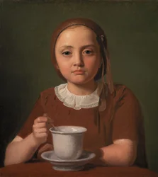 Porträt eines kleinen Mädchens, Elise Købke, mit einer Tasse vor sich