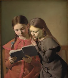 Die Schwestern des Künstlers Signe und Henriette lesen ein Buch