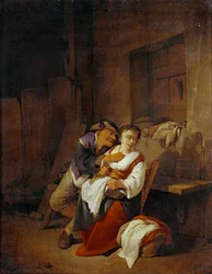 Alter Mann neckt eine junge Frau in einem Innenraum