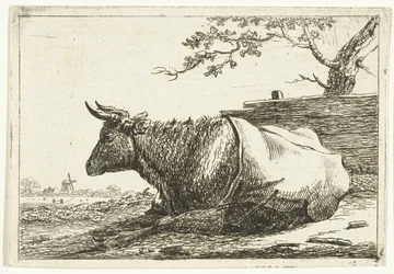 Landschaft mit liegender Kuh mit Decke auf dem Rücken