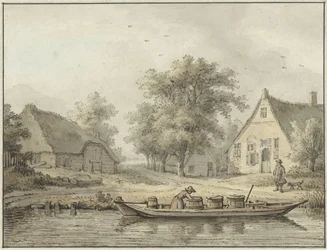 Landschaft mit vertäutem Boot mit Fässern