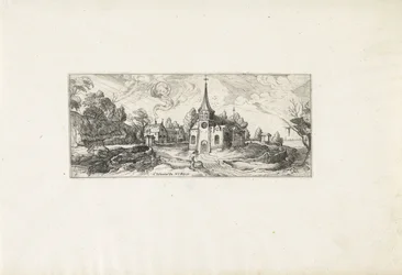 Landschaft mit Blick auf eine Kirche in einem Dorf