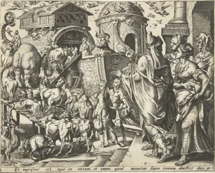 Noah geht mit seiner Familie und den Tieren an Bord der Arche