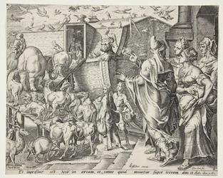 Noah, seine Familie und die Tiere, die die Arche besteigen