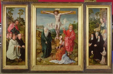 Triptychon der Kreuzigung: St. Barbara mit Stiftern (rechter Flügel); St. Jakobus der Ältere mit Stiftern (linker Flügel); Die Kreuzigung (Mitte)