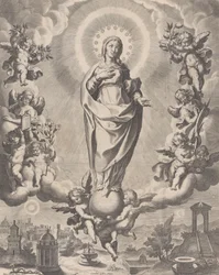 Die Jungfrau in Herrlichkeit, stehend auf Wolken und umgeben von Engeln mit Symbolen, 1595-1633