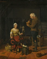 Interieur mit Bauernfamilie und schlafender Katze