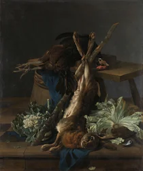 Stillleben mit Hase und schwarzem Hahn