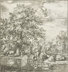 Hirte und Hirtin mit Herde an einem Fluss (Prentwerk)