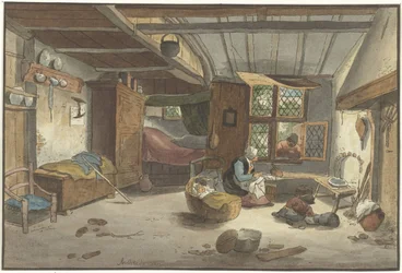 Interieur mit Frau bei Wiege